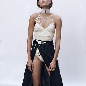 Weldelborn New York designer hot pink satin inside out bodysuit halter slip top